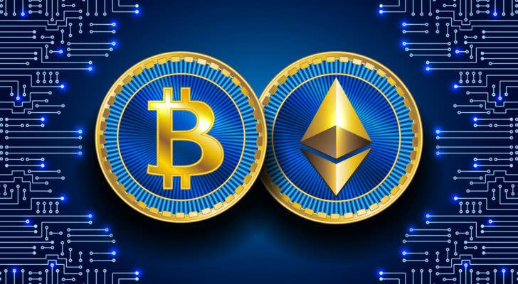 A concept image of a Bitcoin and an Ethereum token next to each other on a blue background.