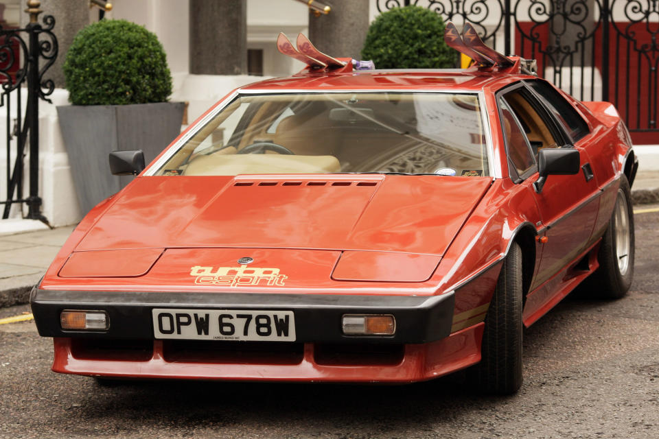 LONDON, ENGLAND - JULY 08:  A Lotus Turbo Esprit car from the 1981 James Bond film "For Your Eyes Only" is displayed for sale on July 8, 2009 in London. An auction of collectors items including The 007 Collection will be offered for sale at Coys 2009 at Blenheim Palace on July 18, 2009. The car is expected to fetch GPB90,000 - GPB100,000. (Photo by Peter Macdiarmid/Getty Images)