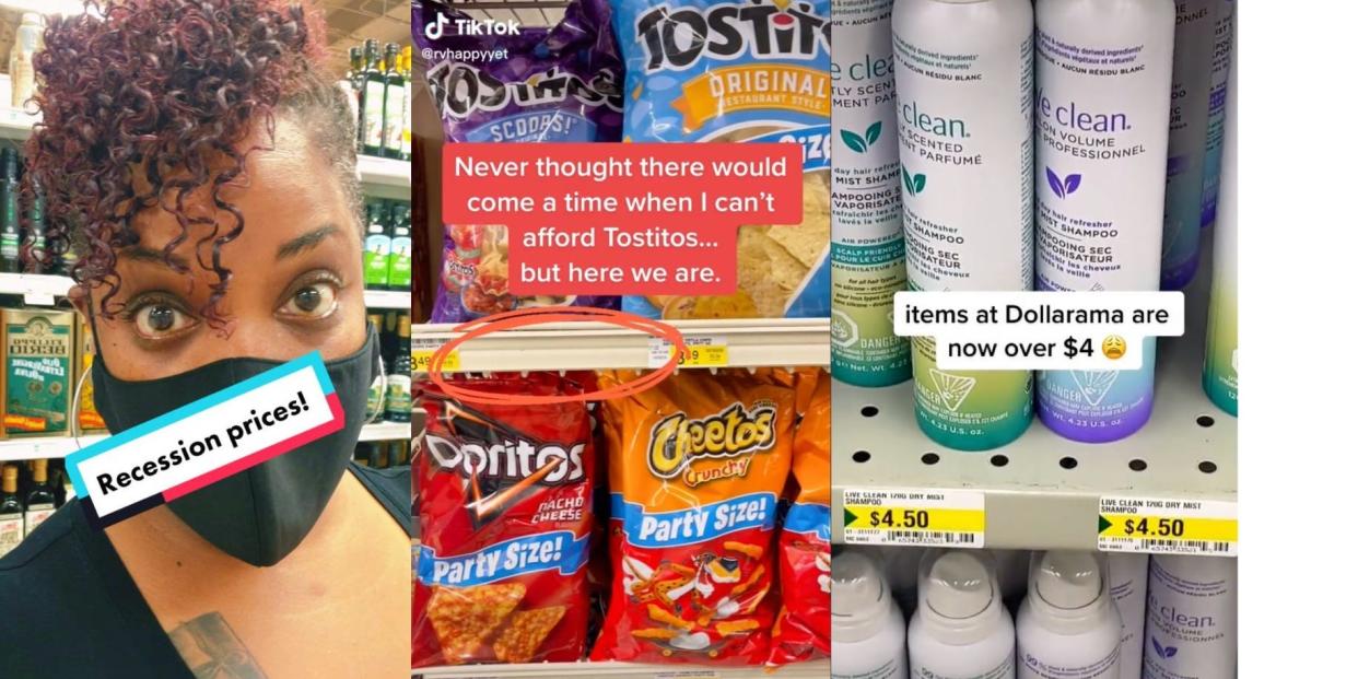 on the left, woman with a mask on and the cover tag 'Recession Prices' ; in the middle, a circle of a price tag of Tostitos with the caption 'never thought there would come a time where I can't afford tostitos but here we are... ; on the right, a picture of deodorant and text saying 'items at dollarama are now over $4'