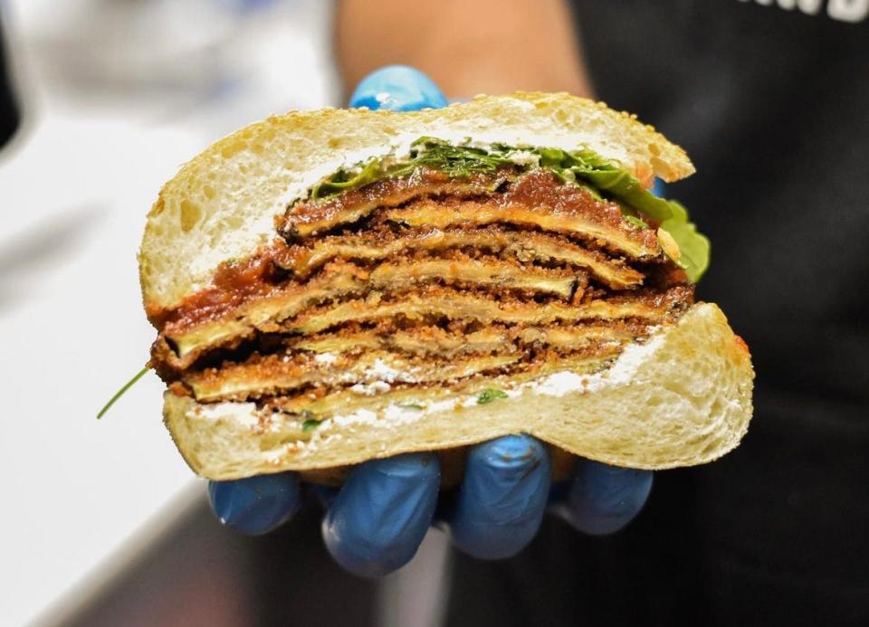 The "Fried Eggplant" sandwich at Mike's Pasta & Sandwich Shoppe.