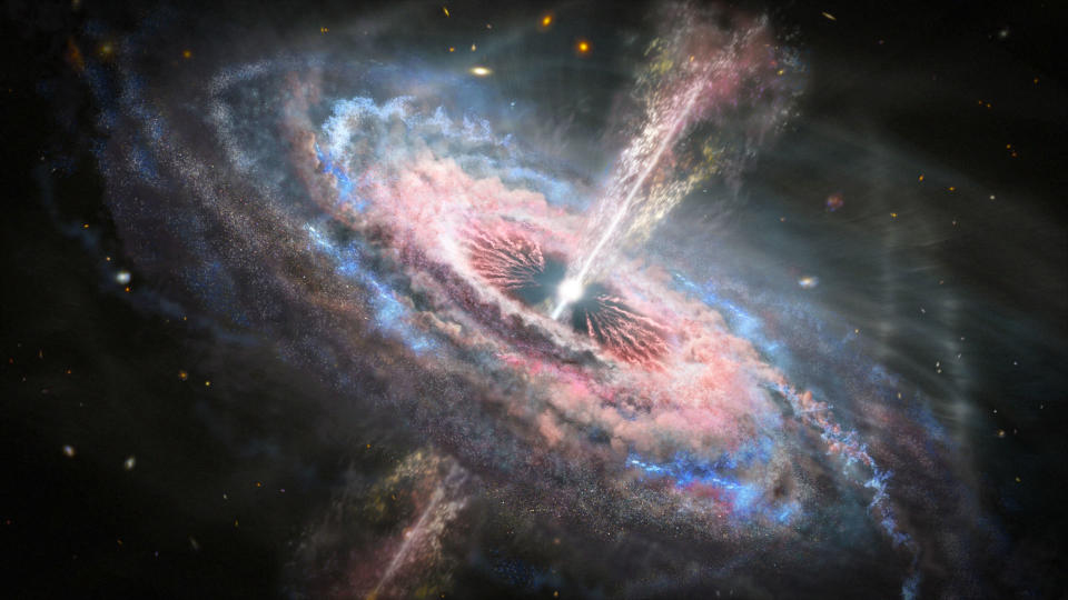 An illustration of a galaxy with a quasar, a bright and distant active supermassive black hole, at its heart