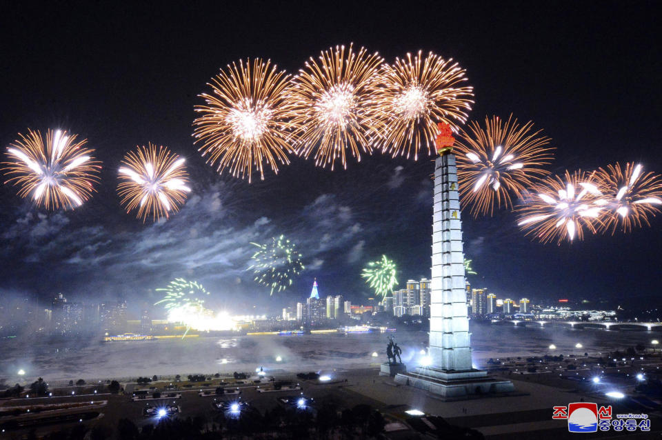 In this photo provided by the North Korean government, fireworks explode over Pyongyang, in the celebration of the ruling party congress, at Kim Il Sung Square in Pyongyang, North Korea Thursday, Jan. 14, 2021. Independent journalists were not given access to cover the event depicted in this image distributed by the North Korean government. The content of this image is as provided and cannot be independently verified. Korean language watermark on image as provided by source reads: "KCNA" which is the abbreviation for Korean Central News Agency. (Korean Central News Agency/Korea News Service via AP)