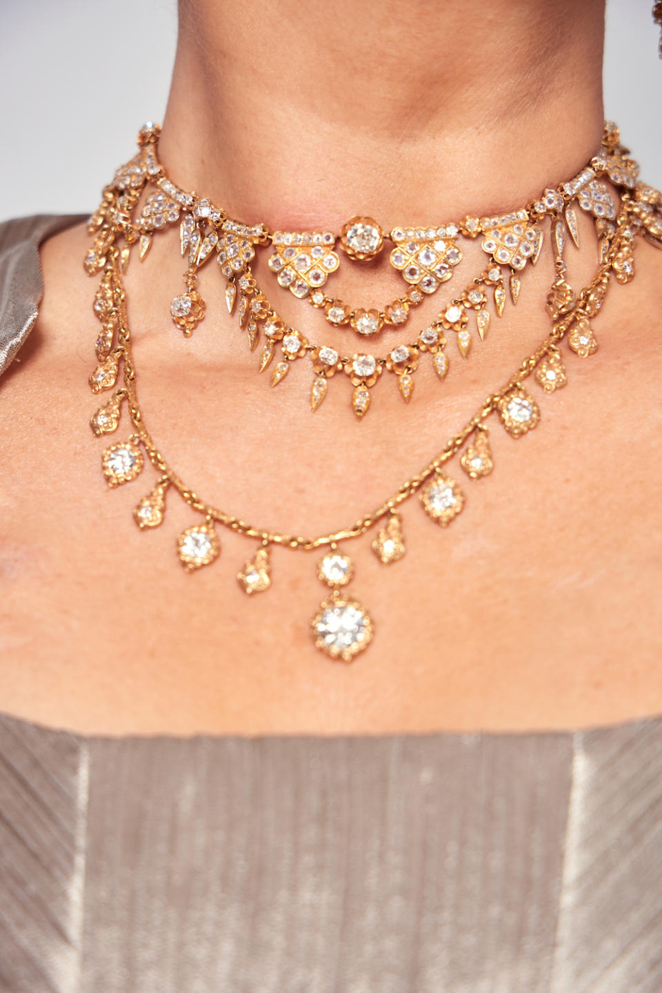 A close-up of the necklaces worn with Angelina Jolie's oscars 2024 gown