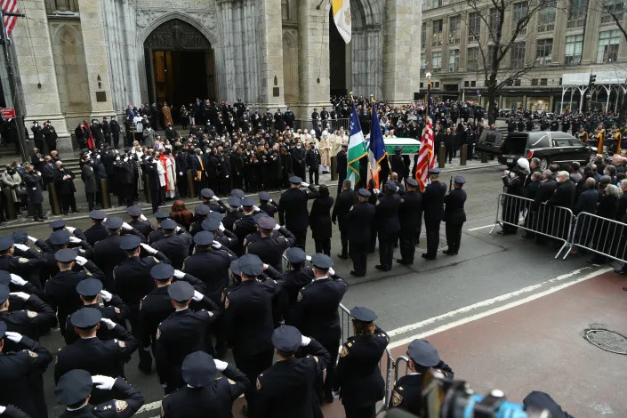 Hundreds of police officers gather for the funeral of fallen NYPD officer Wilbert Mora at St. Patrick&#39;s Cathedral in New York on Feb. 2.