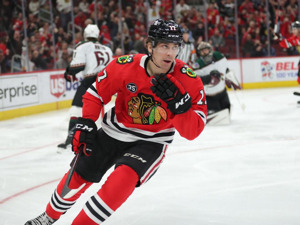 Chicago Blackhawks center Dylan Strome scores against the Arizona Coyotes at the United Center in April.