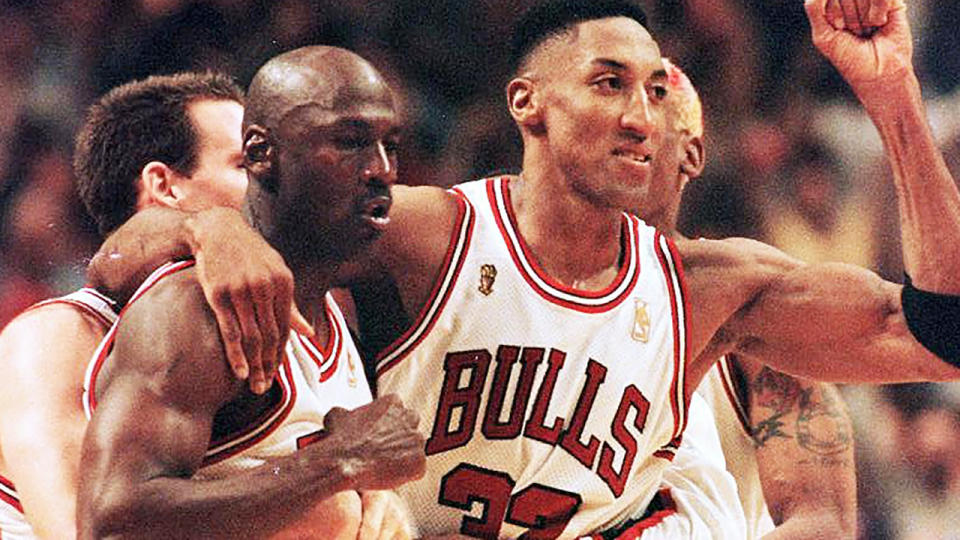 Michael Jordan is pictured with Chicago Bulls teammate Scottie Pippen.