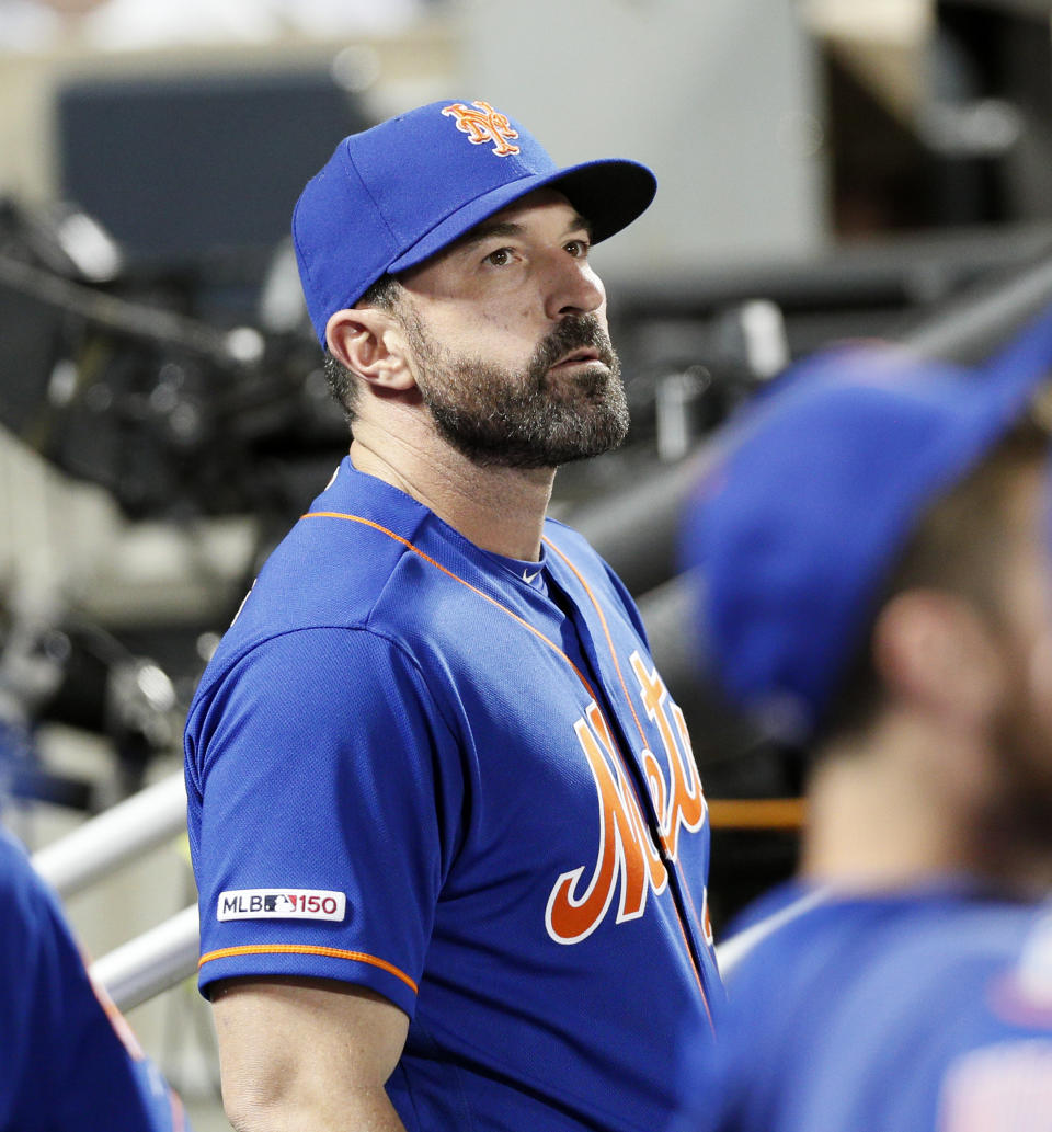 NEW YORK, NY - MAY 20:  Manager Mickey Callaway #36 of the New York Mets watching from the dugout in an MLB baseball game against the Washington Nationals on May 20, 2019 at Citi Field in the Queens borough of New York City. Mets won 5-3. (Photo by Paul Bereswill/Getty Images)