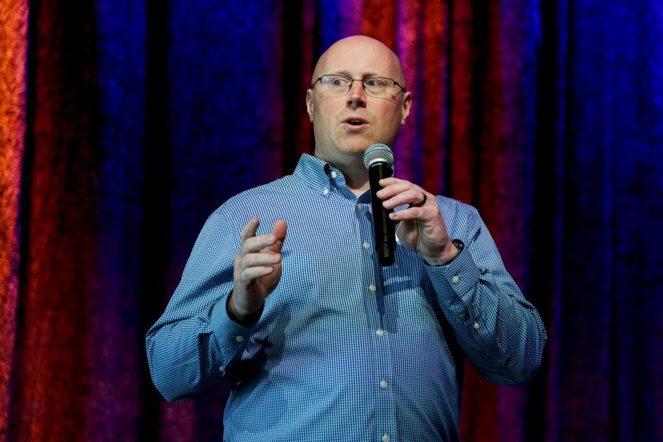 Ben VanCamp, president of the Chamber Collaborative of Greater Portsmouth, addresses the crowd at the Restaurant Week Kickoff at Jimmy's Jazz and Blues Club in Portsmouth on Wednesday, April 20, 2022.