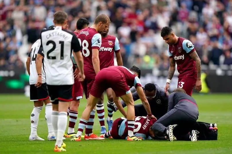 File photo dated 14-04-2024 of West Ham United's George Earthy requires medical attention after becoming injured. West Ham winge