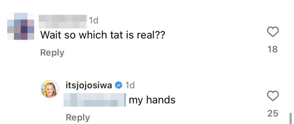 Social media screenshot: User asks which tattoo is real; JoJo Siwa responds, "my hands"