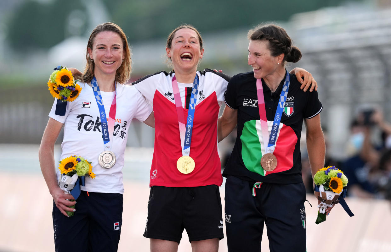 Medalists Austria�s Anna Kiesenhofer (Gold), Netherland�s Annemiek van Vleuten (Silver) and Italy�s Elisa Longo Borghini (Bronze) during the medal ceremony after the Women's Road Race at the Fuji International Speedway on the second day of the Tokyo 2020 Olympic Games in Japan. Picture date: Sunday July 25, 2021.