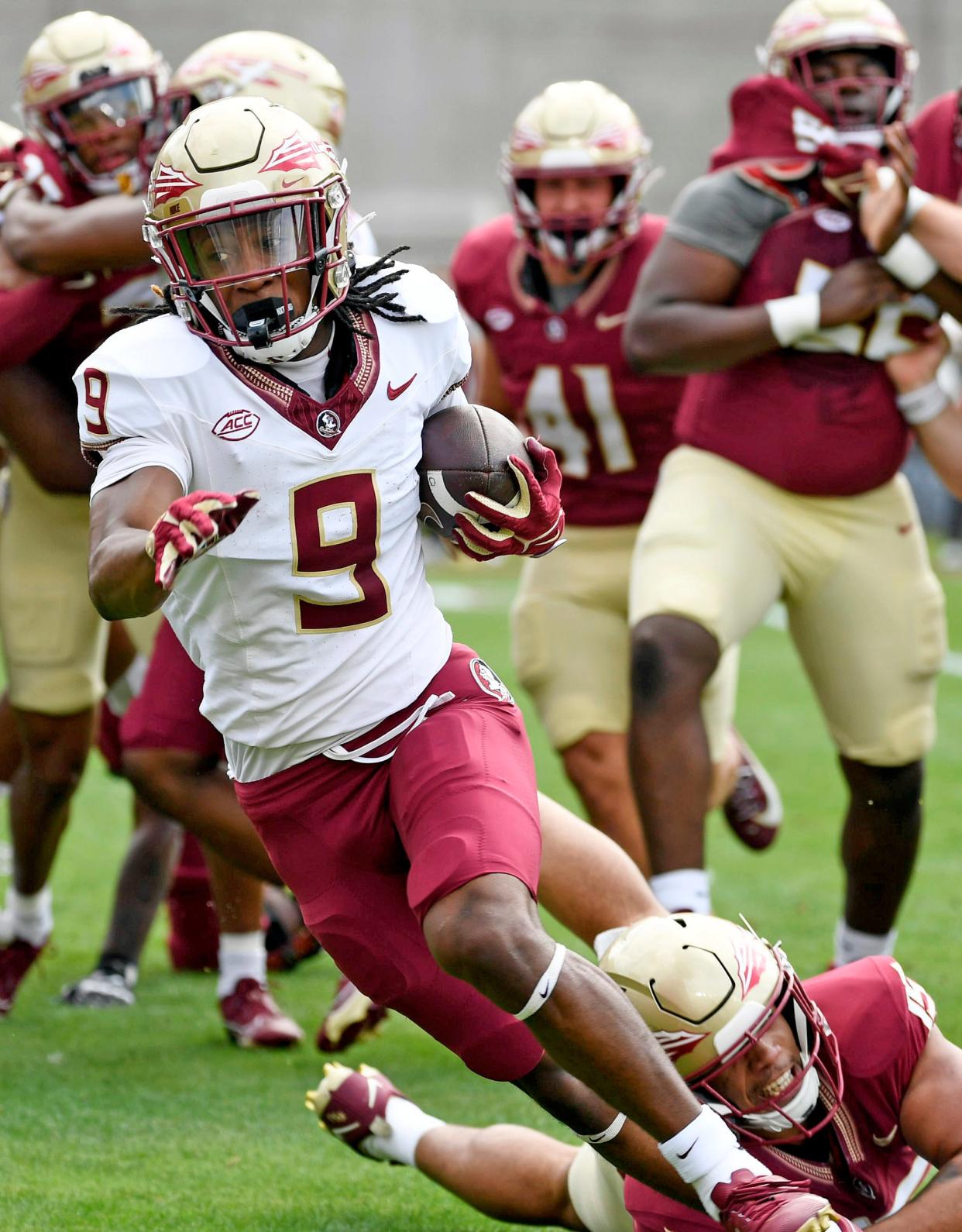 Apr 20, 2024; Tallahassee, Florida, USA; Florida State Seminoles running back Lawrance Toafili (9) runs the ball during the Spring Showcase at Doak S. Campbell Stadium.