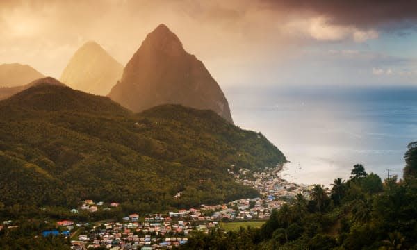 The Pitons, above the town of Soufriere, St Lucia, Windward Islands, Caribbean.