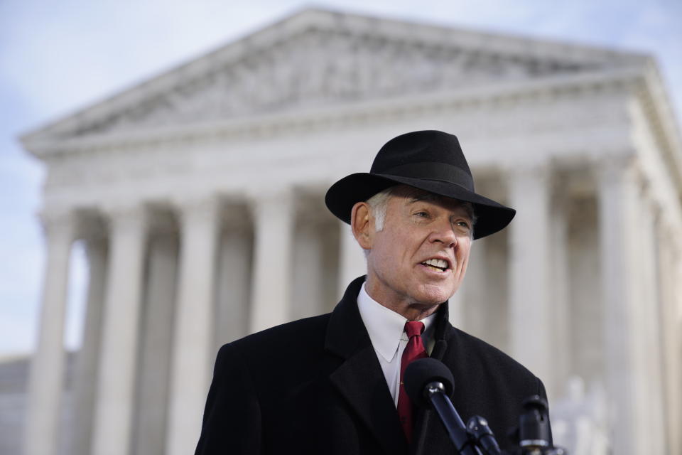 Chuck Cooper, the attorney for Sen. Ted Cruz, R-Texas, speaks to the media, Wednesday, Jan., 2022, outside the Supreme Court in Washington, after the court heard arguments in the case, 'Federal Election Commission v. Ted Cruz for Senate,' about post-election contributions. (AP Photo/Mariam Zuhaib)