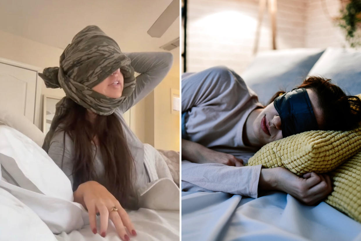 A woman sleeping with a blindfold on her head