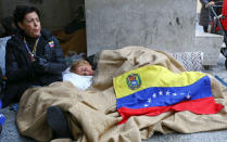 Lilian Tintori, wife of jailed Venezuelan opposition leader Leopoldo Lopez, sleeps on the pavement next to Leopoldo's mother Antonieta Mendoza, near St. Peter's Square in Rome, Italy December 6, 2016. REUTERS/Stefano Rellandini