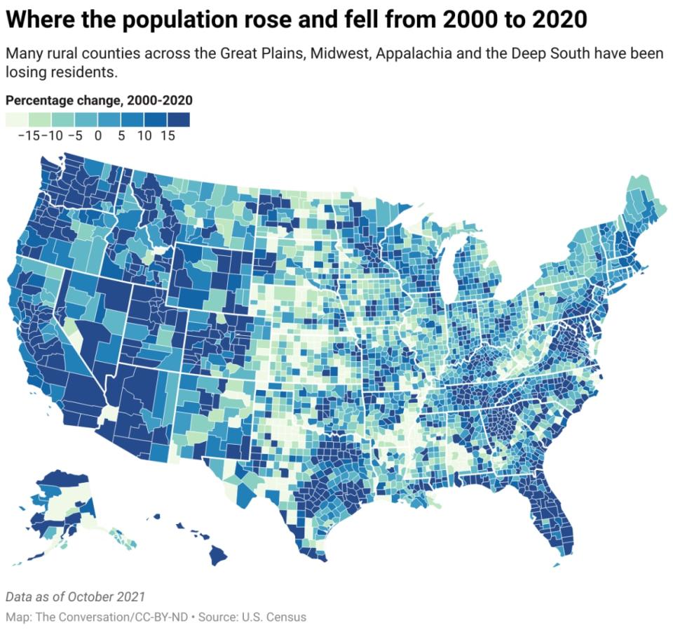 <div class="inline-image__caption"><p>Population changes across the U.S., from 2000–2020. (Source: the U.S. Census Bureau.)</p></div> <div class="inline-image__credit">The Conversation</div>