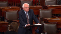 <p>Sen. Bernie Sanders pauses as he speaks Wednesday, June 14, 2017, on the Senate floor at the Capitol in Washington, about the shooting at the Republican congressional baseball practice. Sanders says the man authorities identified as opening fire on the practice had apparently volunteered on his presidential campaign. Sanders says in a statement: “I am sickened by this despicable act.” (Senate Television via AP) </p>