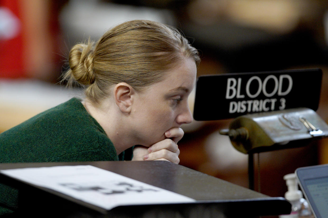 Nebraska State Sen. Megan Hunt of Omaha, in the Legislative Chamber in Lincoln, Neb. in 2019. (Nati Harnik/AP)