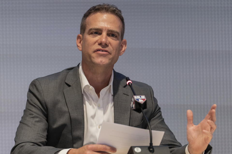Former Boston Red Sox baseball executive Theo Epstein speaks during a news conference at Major League Baseball's headquarters on Friday, Sept. 9, 2022. (AP Photo/Jeenah Moon)