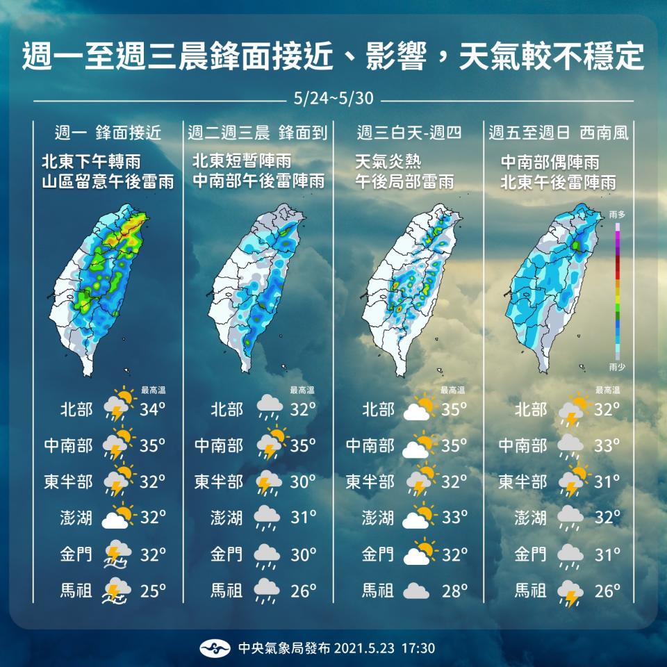 明日會有鋒面逐漸接近，台灣將連濕3天。（圖／中央氣象局提供）