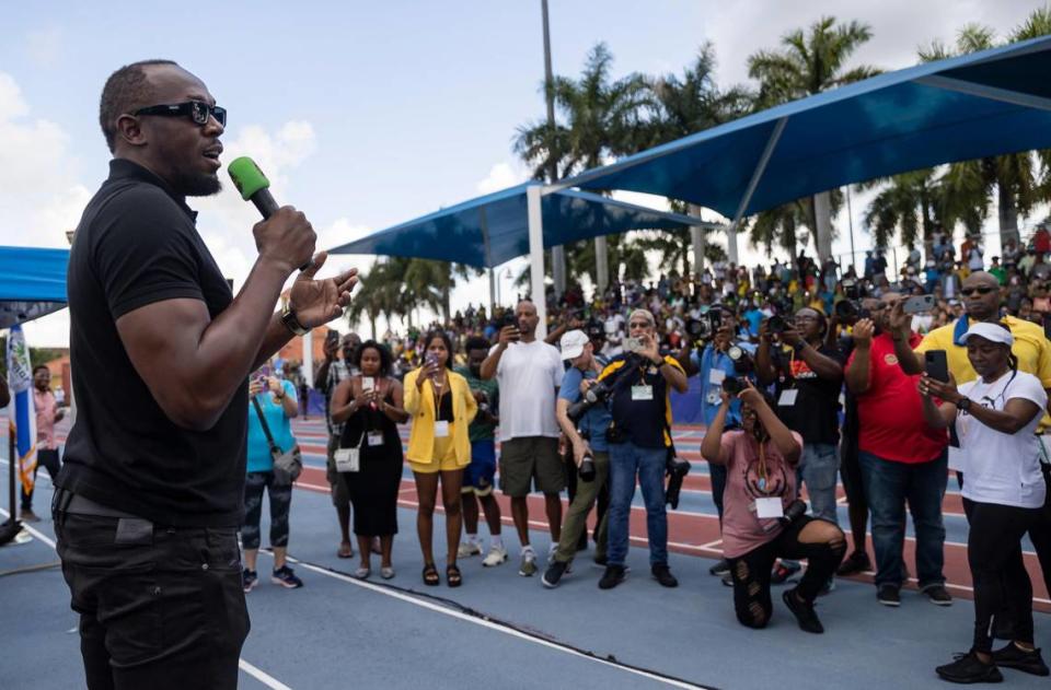Olympic gold medalist Usain Bolt speaks to a crowd of supporters at the Ansin Sports Complex on Saturday, July 15, 2023, in Miramar, Fla. Bolt was honored by the city of Miramar during an event where a bronze sculpture of him was unveiled to the public.