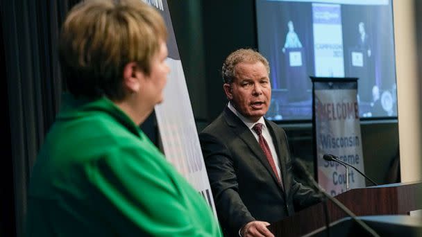 PHOTO: Wisconsin Supreme Court candidates, Democratic-supported Janet Protasiewicz and Republican-backed Dan Kelly, right, participate in a debate, March 21, 2023, in Madison, Wis. (Morry Gash/AP)