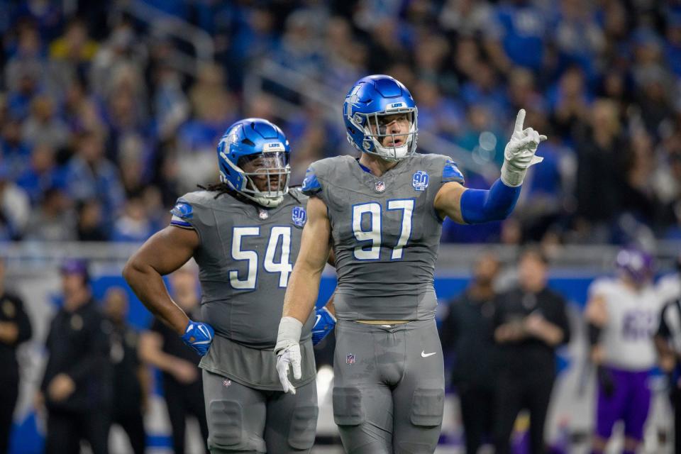 Detroit Lions defensive end Aidan Hutchinson looks at the sideline after a play against the Minnesota Vikings at Ford Field in Detroit on Sunday, Jan. 7, 2024.