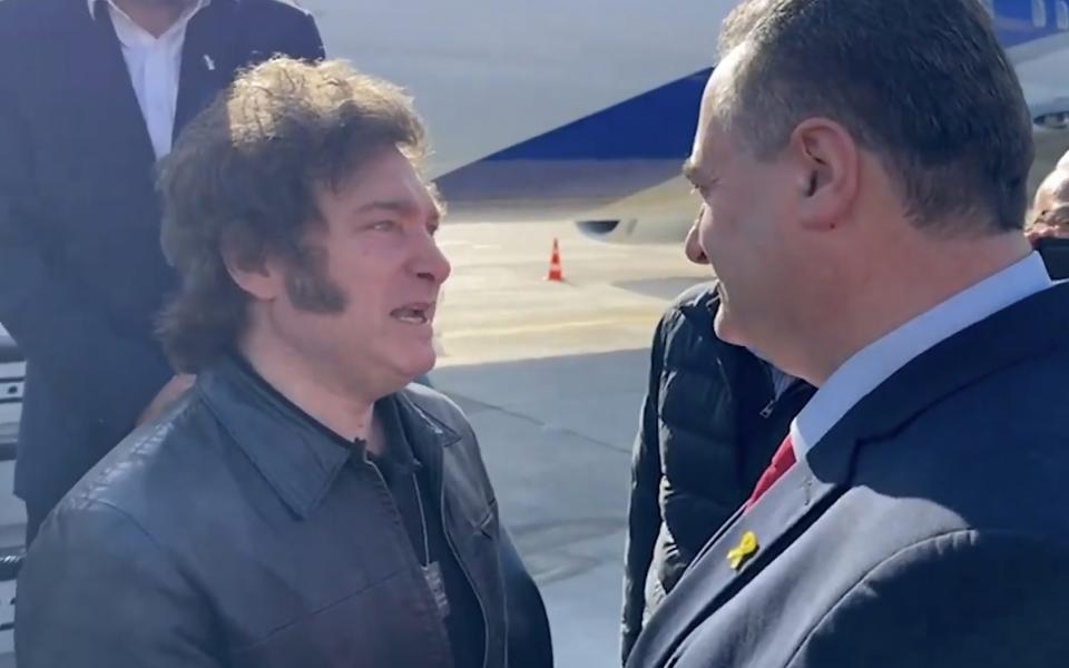 Foreign Minister Israel Katz welcomes Argentinian President Javier Milei upon his arrival to Israel at Ben Gurion Airport