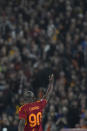Roma's Romelu Lukaku, centre, celebrates after scoring the opening goal during the Serie A soccer match between Roma and Juventus, at Rome's Olympic Stadium, Sunday, May 5, 2024. (AP Photo/Andrew Medichini)