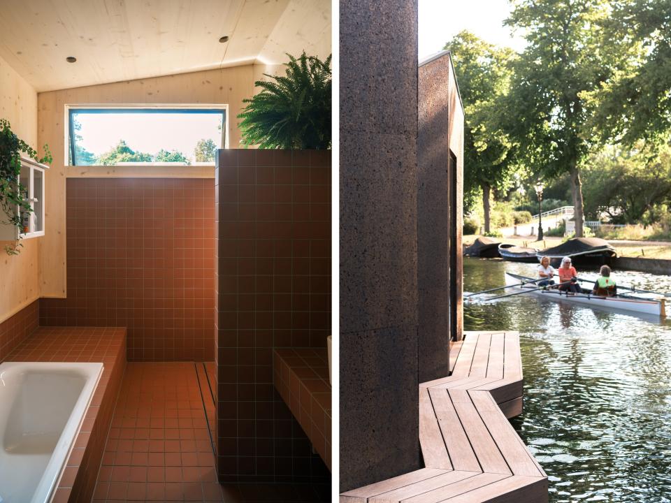 A collage of the bathroom and a ledge that goes around the exterior of the house.