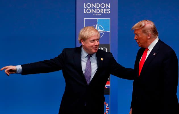 Boris Johnson and Donald Trump at the NATO summit at the Grove hotel in Watford, northeast of London on Dec. 4, 2019.