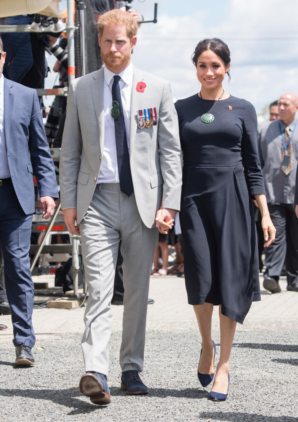 <p>Meghan arrived in Rotorua wearing bespoke Stella McCartney. She later added a traditional ‘Korowai’ to her look. <em>[Photo: Getty]</em> </p>