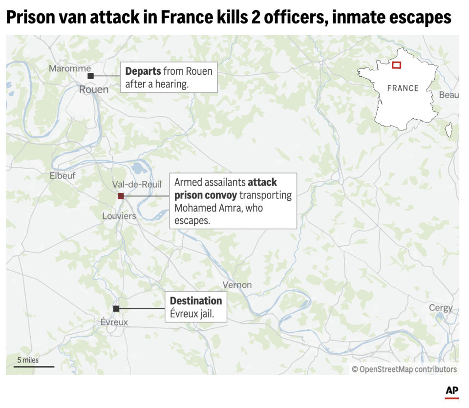 Map locates key points in an assault on a prison van transport in France that resulted in 2 officers killed and an inmate escape. (AP Digital Embed)