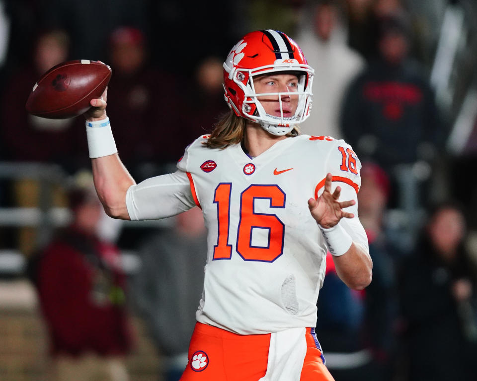 Quarterback Trevor Lawrence of the Clemson Tigers looks to pass in the first quarter of the game against the Boston College Eagles at Alumni Stadium on November 10, 2018 in Chestnut Hill, Massachusetts. (Getty Images)
