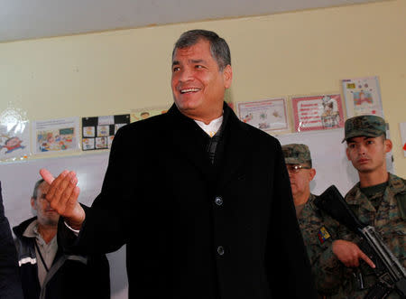 Ecuador's President Rafael Correa arrives to cast his vote at school used as a polling station during the presidential election, in Quito, Ecuador April 2, 2017. REUTERS/Carlos Noriega