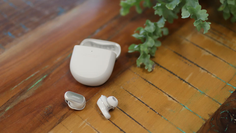 The Bose QuietComfort Ultra earbuds in white