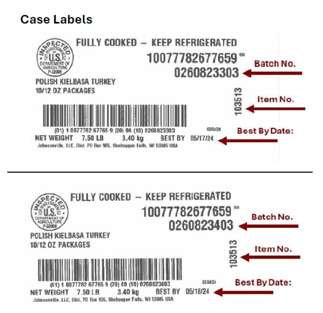 Recall labels of the Johnsonville Polish Kielbasa Turkey sausage and best by dates "05/17/24" and "05/18/24"