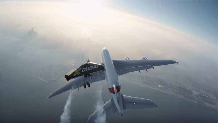 <p>Not a special effect: Two guys fly in jetpacks with an A380 plane</p>