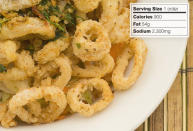 <div class="caption-credit"> Photo by: getty</div><b>WORST: Fried Calamari</b> <br> Like many forms of seafood, squid can be nutritious. But when you bread it and fry it in oil, you're drenching it with calories and fat. A typical restaurant portion contains about 900 calories, 54 g of fat, and 2,300 mg of sodium -- not including any sauce.