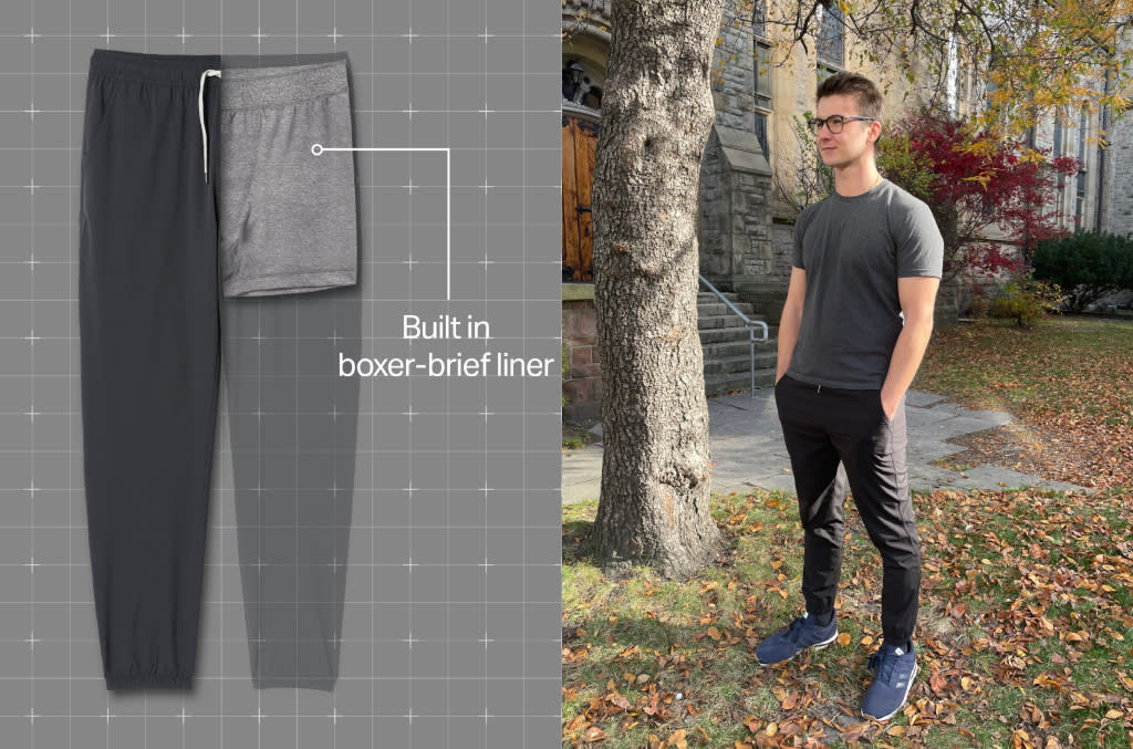 (left) graphic showing the Vuori Kore Jogger, including its insulated boxer-brief. (right) white male in joggers standing among fall leaves