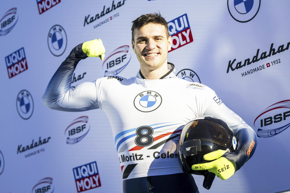 Amedeo Bagnis of Italy reacts after the Men's Skeleton World Cup in St. Moritz, Switzerland, on Friday, January 12, 2024. (Mayk Wendt/Keystone via AP)