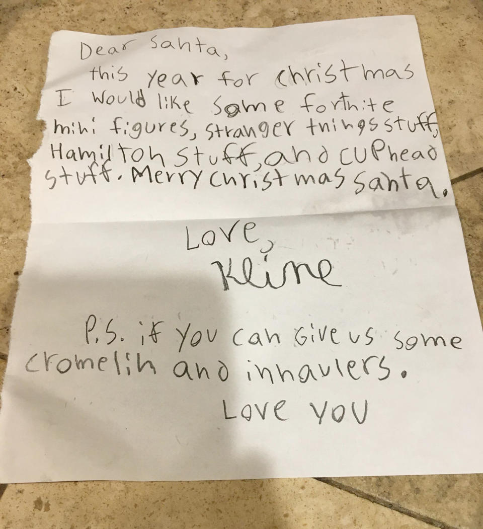 Kline's letter to Santa asking for medical supplies to help his parents. Source: Caters