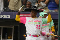 San Diego Padres Juan Soto dons a sombrero celebrating his solo home run against the San Francisco Giants in the 4th inning of an MLB baseball game at the Alfredo Harp Helu Stadium, in Mexico City, Saturday, April 29, 2023. (AP Photo/Fernando Llano)
