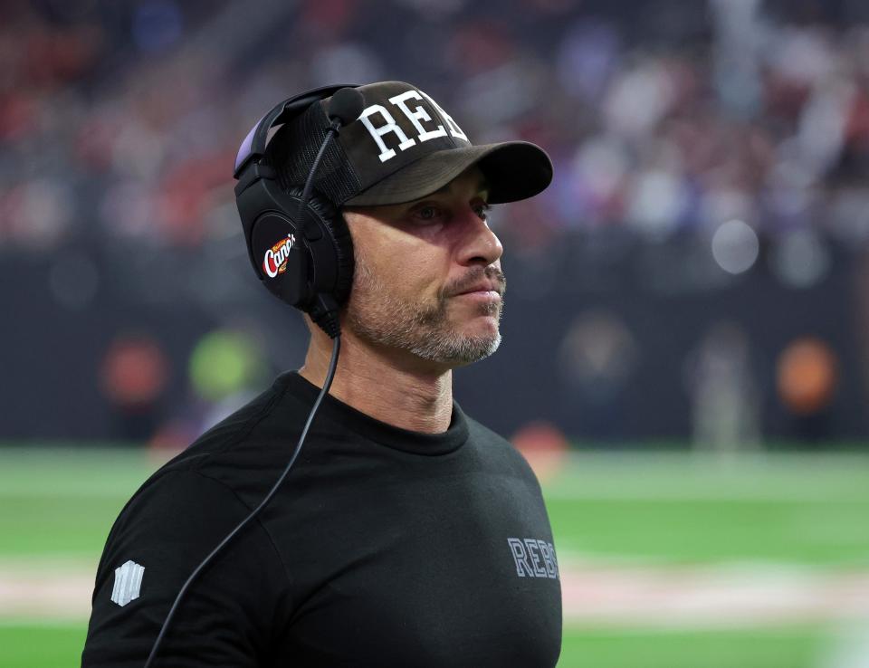 Head coach Marcus Arroyo of the UNLV Rebels looks on during a game against the Air Force Falcons at Allegiant Stadium on Oct. 15, 2022, in Las Vegas, Nevada.