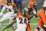 Cleveland Browns running back Nick Chubb rushes for a 1-yard touchdown during the second half of the team's NFL football game against the Cincinnati Bengals, Thursday, Sept. 17, 2020, in Cleveland. (AP Photo/Ron Schwane)