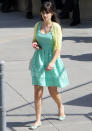 Celebrities in pastel fashion: Zooey Deschanel wore a pastel mint dress with a lemon yellow cardigan as she filmed New Girl in LA.<br><br>© Rex