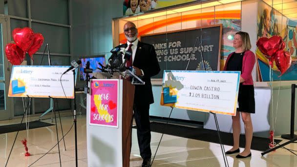 PHOTO: California Lottery Director Alva Johnson announces that Edwin Castro won November's record-high $2.04 billion PowerBall jackpot, Feb. 14, 2023, in Sacramento, Calif. (Adam Beam/AP)