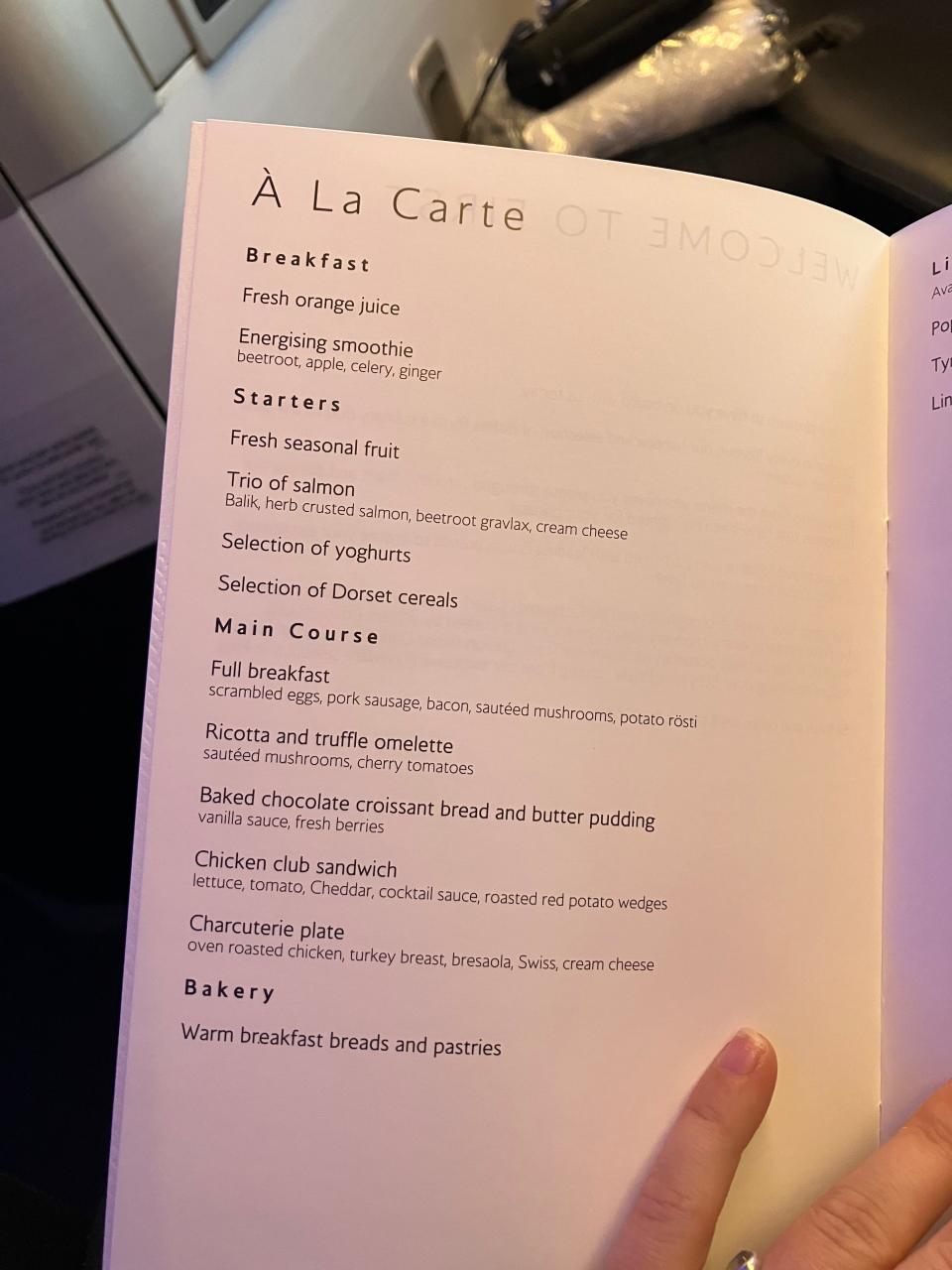 First class menu on British Airways