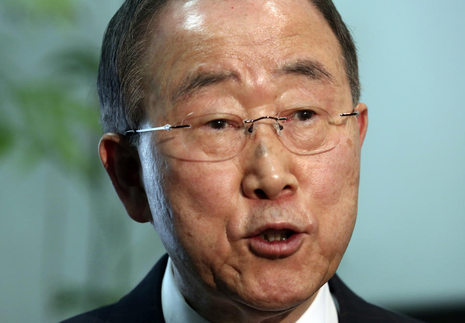 FILE - In this Dec. 3, 2018, file photo, former U.N. Secretary-General Ban Ki-moon speaks during an interview with The Associated Press in Tokyo. Ban is urging the United Nations and Southeast Asian countries to take swift and "strong action" to stop the deadly crackdown that has followed the military coup in Myanmar. Ban exhorted the U.N. Security Council Monday, April 19, 2021, to act immediately to halt the violence and protect civilians, "using a range of tools at the council's disposal." (AP Photo/Koji Sasaha, File)